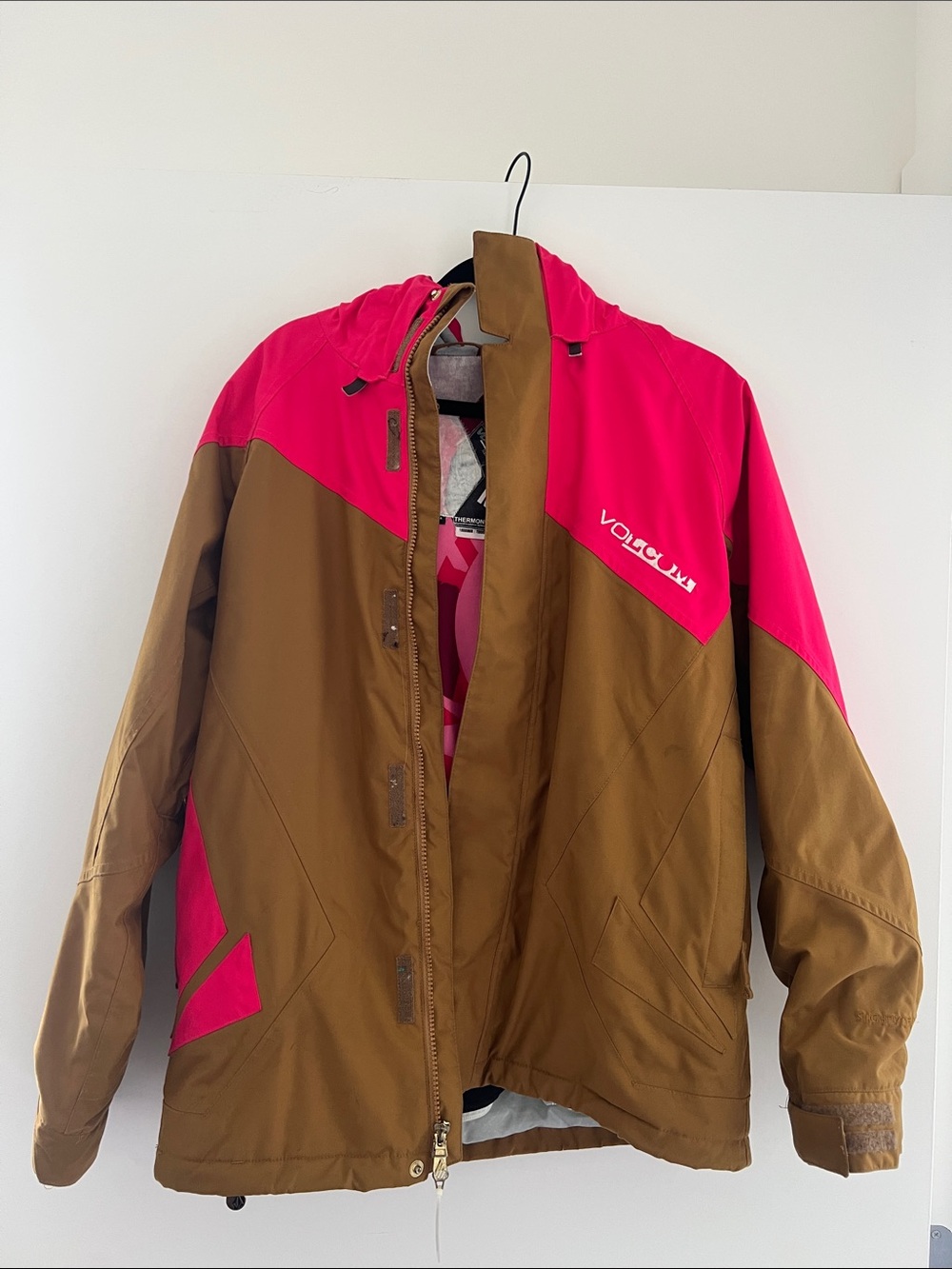Volcom brown and bright pink colorblock ski jacket